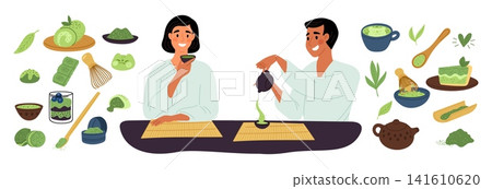 Matcha tea ceremony. Couple drink Asian beverage. Green powdered ingredient for desserts. Organic Japanese products. Bamboo whisk for whipping. Cake and macaroon. Vector elements set 141610620