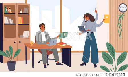 Multitasking career woman. Secretary with many talents. Best office worker. Time management. Work productivity. Successful businessman assistant with multiple hands. Vector concept Multitasking career woman. Secretary with many talents. Best office worker. Time management. Work productivity. Successful businessman assistant with multiple hands. Vector concept 141610625