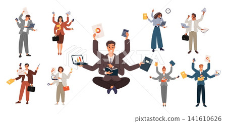 Multitasking characters. Men and women with multiple arms performing several tasks at once. Successful businessman. Time management. Work productivity. Efficient managers vector set Multitasking characters. Men and women with multiple arms performing several tasks at once. Successful businessman. Time management. Work productivity. Efficient managers vector set 141610626