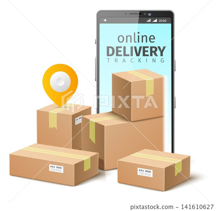 Parcel tracking app. Realistic smartphone with cardboard mailing containers. Mobile application. Interactive cargo delivery. GPS navigation location pin. Vector box shipping service Parcel tracking app. Realistic smartphone with cardboard mailing containers. Mobile application. Interactive cargo delivery. GPS navigation location pin. Vector box shipping service 141610627