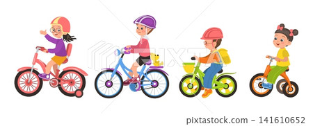 Cute girls and boys on childrens bikes. Cheerful kids riding colorful bikes. Schoolchildren on way to school. Childish tricycles. City transportation. Young happy cyclists vector set Cute girls and boys on childrens bikes. Cheerful kids riding colorful bikes. Schoolchildren on way to school. Childish tricycles. City transportation. Young happy cyclists vector set 141610652