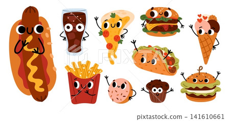 Funny characters from world of fast food. Cute cartoon illustration featuring pizza and burger with smiling faces. Tacos and hamburgers. Sweet donut. French fries. Fastfood vector set Funny characters from world of fast food. Cute cartoon illustration featuring pizza and burger with smiling faces. Tacos and hamburgers. Sweet donut. French fries. Fastfood vector set 141610661
