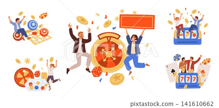 Gambling enthusiasts. Fortune favorites. Winners happy with casino winnings. People betting. Roulette jackpot. Slot machines bingo. Lottery games victory. Successful gamblers vector set Gambling enthusiasts. Fortune favorites. Winners happy with casino winnings. People betting. Roulette jackpot. Slot machines bingo. Lottery games victory. Successful gamblers vector set 141610662