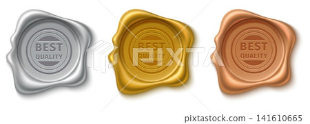 Gold wax seals. Realistic vintage round golden, silver and bronze warranty stamps. High quality badge mockups. Postal imprint. Certificate emblems emboss. Premium quality labels vector set Gold wax seals. Realistic vintage round golden, silver and bronze warranty stamps. High quality badge mockups. Postal imprint. Certificate emblems emboss. Premium quality labels vector set 141610665