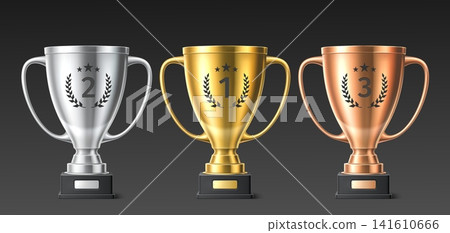 Gold, silver, bronze cups. Various prize places. Realistic 3D goblets. Championship or victory award. Best achievement. Sport competition. Champion leadership. Winners triumph rewards set Gold, silver, bronze cups. Various prize places. Realistic 3D goblets. Championship or victory award. Best achievement. Sport competition. Champion leadership. Winners triumph rewards set 141610666