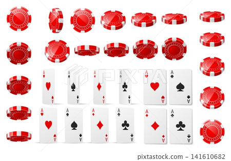 Realistic casino chips and aces. 3D plastic red gaming fortune tokens viewed from various angles. Poker cards. Vegas roulette betting circles rotating. Vector gambling accessories set Realistic casino chips and aces. 3D plastic red gaming fortune tokens viewed from various angles. Poker cards. Vegas roulette betting circles rotating. Vector gambling accessories set 141610682