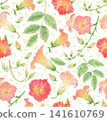 Watercolor Orange Chinese Trumpet Vine Flower Seamless Pattern 141610769