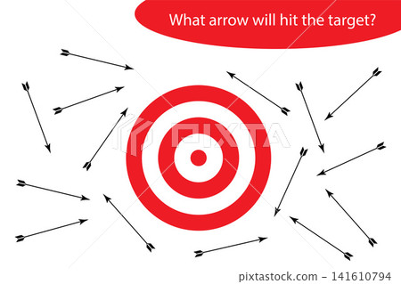 Riddle for children, which arrow will hit the target, education game for kids, preschool worksheet activity, task for development of logical thinking, vector illustration Riddle for children, which arrow will hit the target, education game for kids, preschool worksheet activity, task for development of logical thinking, vector illustration 141610794