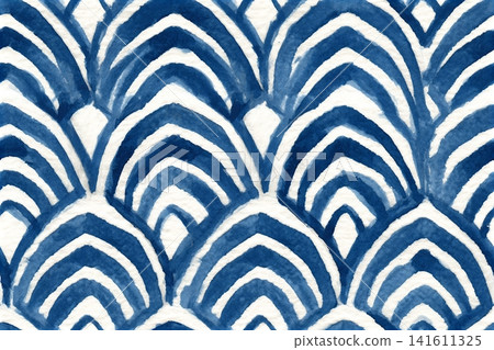 Art Deco style blue watercolour seamless vector pattern with scallops 141611325