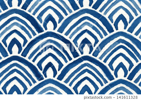 Art Deco style blue watercolour seamless vector pattern with scallops 141611328