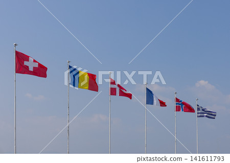 Six flags of Switzerland, Romania, Denmark, France, Norway and Greece receding in line Six flags of Switzerland, Romania, Denmark, France, Norway and Greece receding in line 141611793