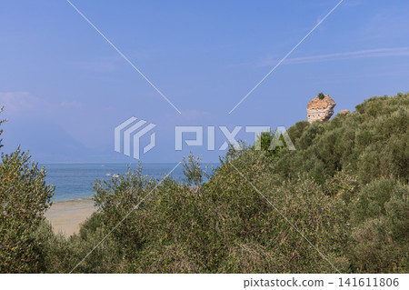 Roman villa remnant above olive trees by Lake Garda in Sirmione, Italy 141611806