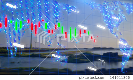 Stock Market Chart and Wind Turbines in Yuanli, Miaoli, Taiwan 141611866