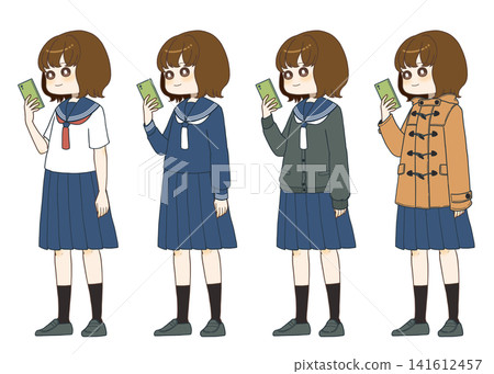 一組照片，照片中一名身穿水手服的女孩正在操作智慧型手機。 141612457