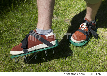 Lawn aerator shoes on grass, illustrating practical garden maintenance for healthy turf and simple manual soil care in home yards. Lawn aerator shoes on grass, illustrating practical garden maintenance for healthy turf and simple manual soil care in home yards. 141612613
