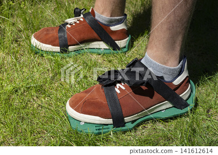 Lawn aerator shoes on grass, illustrating practical garden maintenance for healthy turf and simple manual soil care in home yards. Lawn aerator shoes on grass, illustrating practical garden maintenance for healthy turf and simple manual soil care in home yards. 141612614