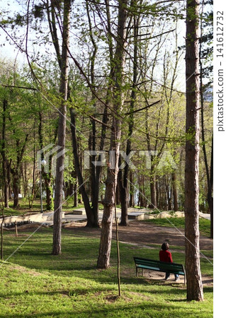 People are sitting on benches in a spring park. People are sitting on benches in a spring park. 141612732