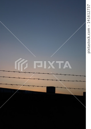 Barbed wire fence on sunset background. Barbed wire fence on sunset background. 141612737