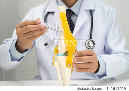Osteoarthritis of the knee, Doctor holding human knee joint orthopedic anatomy model in hospital. 141613029