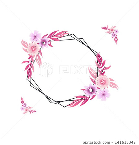 Flowers Hexagon Frame Floral Wreath with Geometric Frame Illustration 141613342