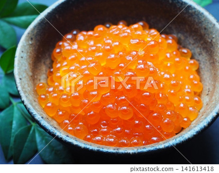 Close-up of salmon roe marinated in soy sauce in a Japanese dish Close-up of salmon roe marinated in soy sauce in a Japanese dish 141613418