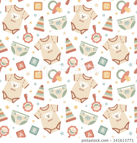 Seamless pattern with baby clothes and toys. Bodysuit with bear, diaper, rattle, pacifier, and building block. Cute background for nursery textile, wallpaper, and wrapping paper. Seamless pattern with baby clothes and toys. Bodysuit with bear, diaper, rattle, pacifier, and building block. Cute background for nursery textile, wallpaper, and wrapping paper. 141613771
