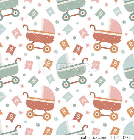 Cute seamless pattern with baby carriage and alphabet letter flag. Childish wallpaper design with pram for nursery room decoration. Textile background for newborn baby boy girl. Cute seamless pattern with baby carriage and alphabet letter flag. Childish wallpaper design with pram for nursery room decoration. Textile background for newborn baby boy girl. 141613772
