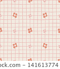 Seamless pattern with hand-drawn pink flowers on gingham background. Cute aesthetic plaid wallpaper with floral print. Minimalist checkered design for children textile and back-to-school stationery. 141613774