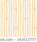 Seamless pattern with hand drawn yellow vertical stripes and small pink flowers. Cute textile texture for fabric prints, wrapping paper, stationery design and nursery wall decor. 141613777