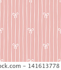 Seamless pattern with white hand-drawn bows and vertical stripes on pink background. Cute textile print for wrapping paper, nursery decor and baby clothing. Pink shower lines for baby girls 141613778