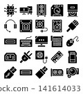 Computer hardware icon set featuring PC components, storage devices, cables, and peripherals in glyph solid style Ideal for technology, repair, networking, and computer projects 141614033