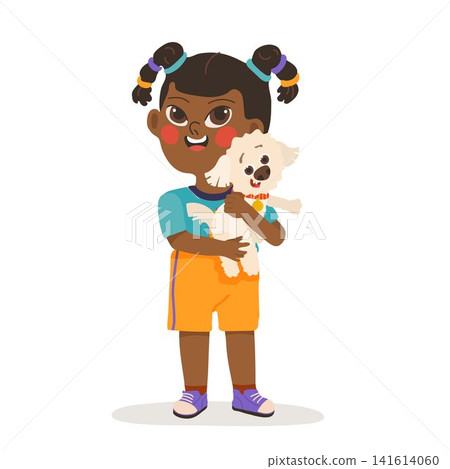 Brazilian black girl in casual clothes holding a fluffy white Bichon Frise puppy Brazilian black girl in casual clothes holding a fluffy white Bichon Frise puppy 141614060