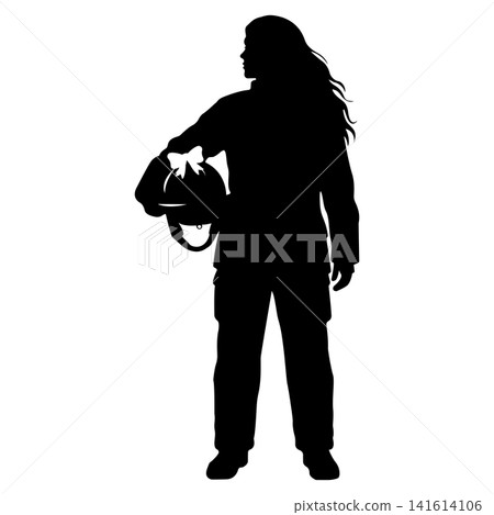 Woman firefighter silhouette holding helmet showing pride and duty Woman firefighter silhouette holding helmet showing pride and duty 141614106