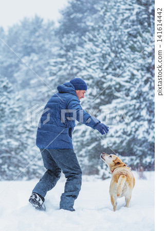 Happy man with labrador retriever dog playing in winter snowy forest Happy man with labrador retriever dog playing in winter snowy forest 141614442