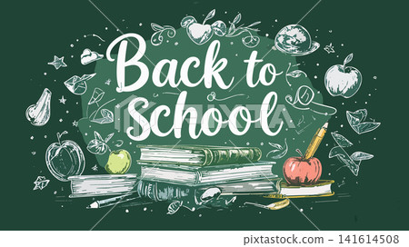 Back to school lettering on green chalkboard with doodles 141614508