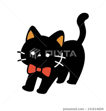 A cute black cat walking around wearing a red bow tie - Halloween illustration A cute black cat walking around wearing a red bow tie - Halloween illustration 141614609