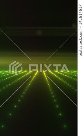 Green glowing digital grid with rows of lights stretching toward a dark horizon, suggesting smart technology, data fields, and future landscapes. 141614617