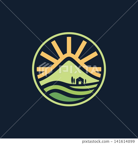 Minimalist vector logo farmfield with sunrise over rolling hills on dark background Minimalist vector logo farmfield with sunrise over rolling hills on dark background 141614899