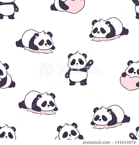 A vector seamless pattern featuring cute pandas in various poses A vector seamless pattern featuring cute pandas in various poses 141614978