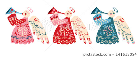 Three colorful angel illustrations with floral patterns, each holding a trumpet in different colors, showcasing traditional folk art style and design elements 141615054