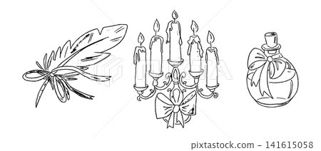 Hand-drawn illustration featuring a feather, a five-candle chandelier, and a decorative perfume bottle with bows, suitable for vintage or elegant design themes Hand-drawn illustration featuring a feather, a five-candle chandelier, and a decorative perfume bottle with bows, suitable for vintage or elegant design themes 141615058