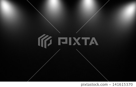 Multiple studio spotlights creating dramatic illuminated black background Multiple studio spotlights creating dramatic illuminated black background 141615370