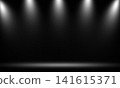 Multiple bright spotlights above illuminated presentation stage background Multiple bright spotlights above illuminated presentation stage background 141615371