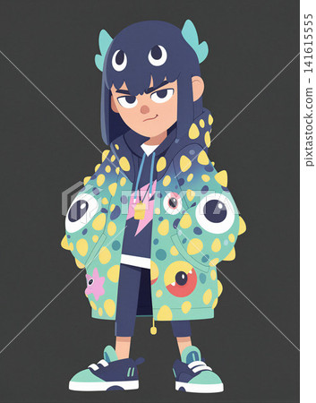 A stylish young person stands confidently in a vibrant, eye-patterned hoodie. A stylish young person stands confidently in a vibrant, eye-patterned hoodie. 141615555
