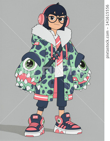A stylized illustration of a young person in streetwear, sporting a unique jacket and headphones. A stylized illustration of a young person in streetwear, sporting a unique jacket and headphones. 141615556