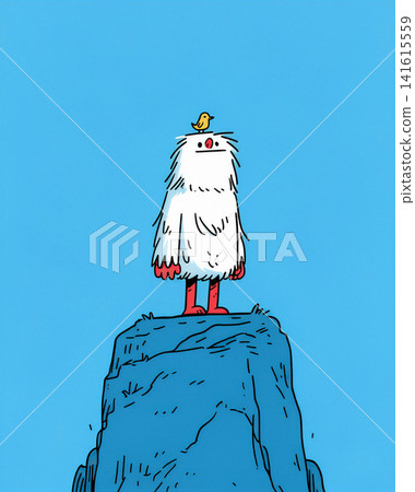 A whimsical illustration of a fluffy, yeti-like creature standing atop a rocky peak. A whimsical illustration of a fluffy, yeti-like creature standing atop a rocky peak. 141615559
