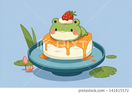 A charming illustration of a frog perched atop a delicious-looking cake. 141615572