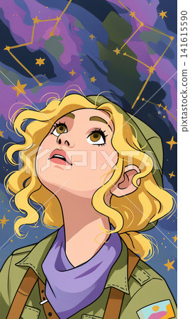 A young woman gazes up at a vibrant, starry sky, lost in wonder. A young woman gazes up at a vibrant, starry sky, lost in wonder. 141615590