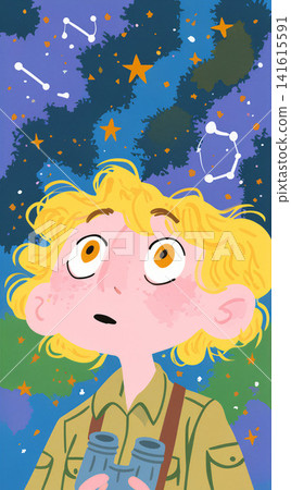 A young boy gazes up at a vibrant night sky filled with constellations, holding binoculars, conveying a sense of awe and discovery. A young boy gazes up at a vibrant night sky filled with constellations, holding binoculars, conveying a sense of awe and discovery. 141615591