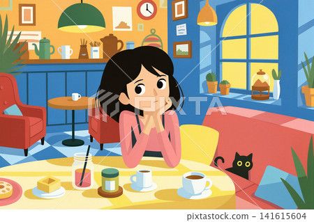 A young woman sits thoughtfully at a table in a cozy cafe, lost in her thoughts. A young woman sits thoughtfully at a table in a cozy cafe, lost in her thoughts. 141615604